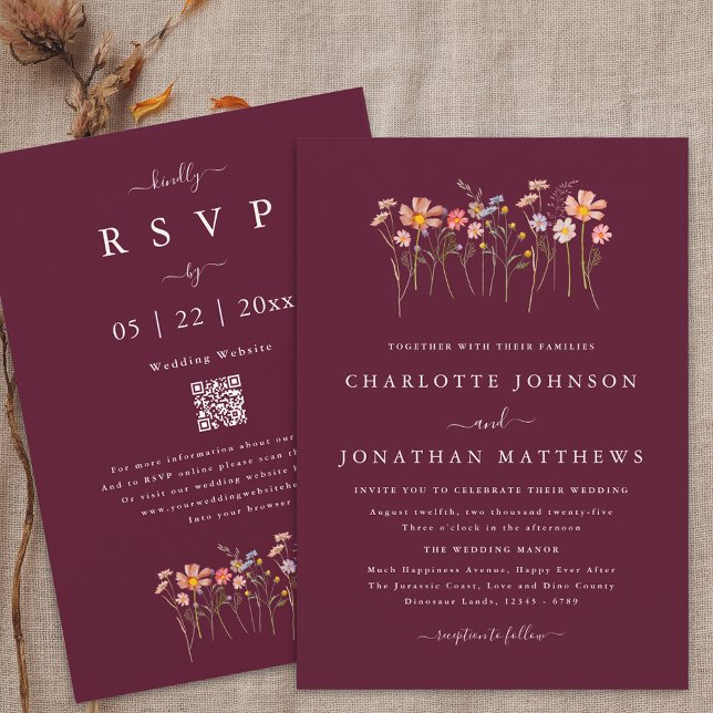Convite Casamento do Código QR de Wildflower Burgundy & Te (Simple Wildflower meadow burgundy terracotta qr code wedding invitation watercolor flowers elegant)
