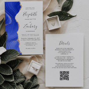 Convite Casamento do Código QR do Agate Dourado Real Azul