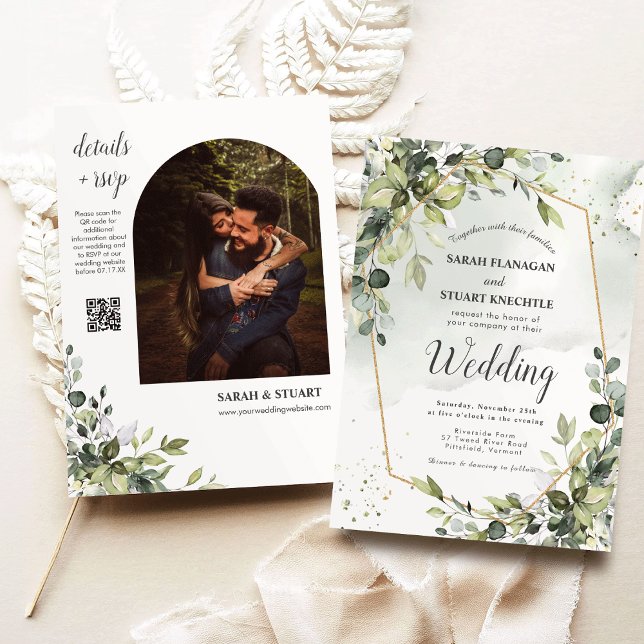 Convite Casamento do Código QR do Arch Eucalyptus Verde Ru (Rustic Green Eucalyptus Arch Photo QR Code Wedding Invitation)