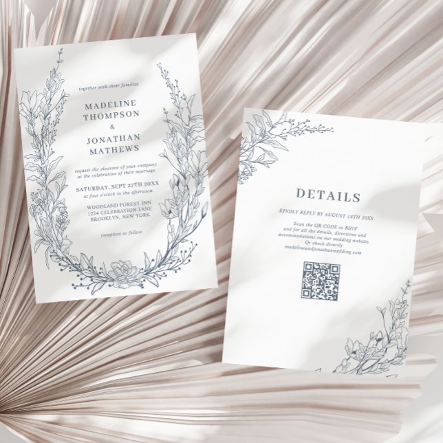 Convite Casamento do Código QR do Azure Ivory Floral Wreat (Criador carregado)
