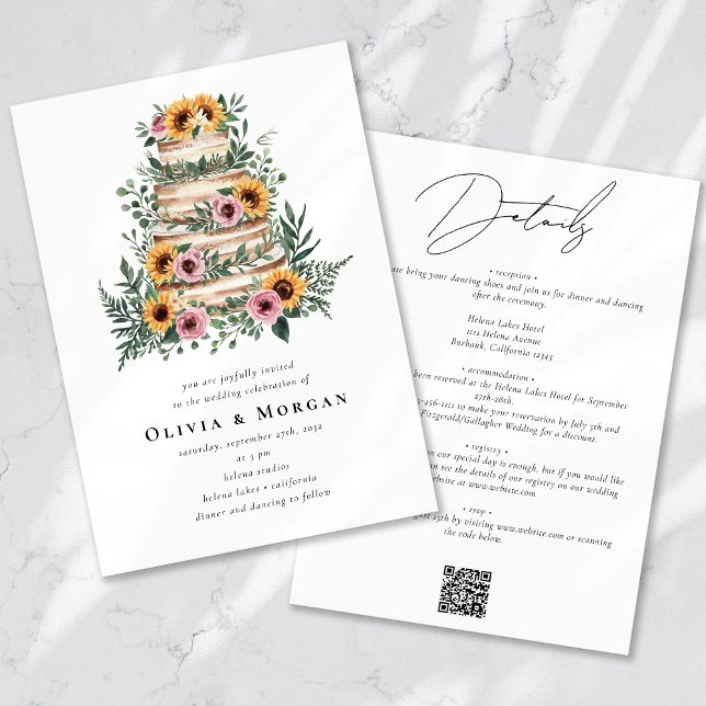 Convite Casamento do Código QR do Bolo de Girassol Eucalyp (Criador carregado)