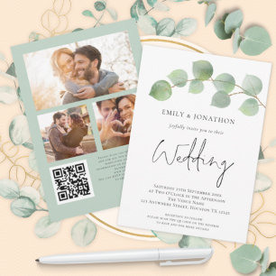 Convite Casamento do Código QR do Elegante Eucalyptus Scri
