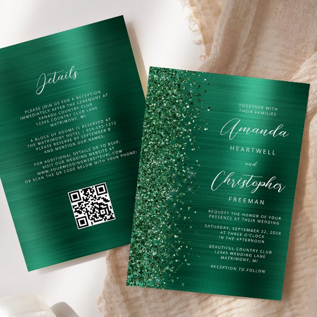 Convite Casamento do Código QR do Glam Emerald Green Brush (Criador carregado)