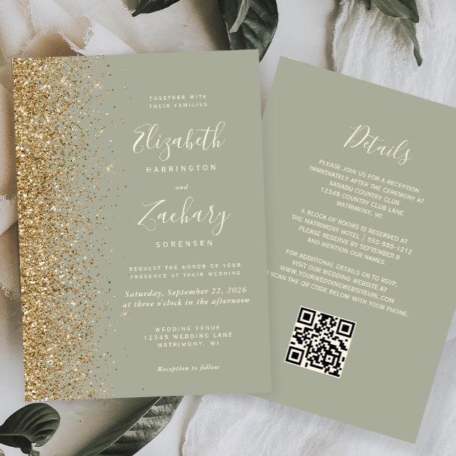 Convite Casamento do Código QR do Glitter Verde Dourado Sa (Criador carregado)