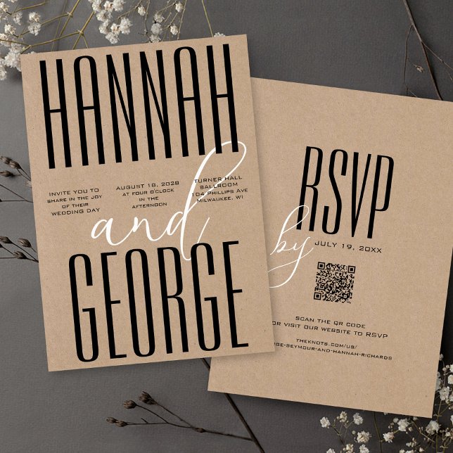 Convite Casamento do Código QR do Kraft Rústico Negro Mode (Unique black & kraft rustic QR code RSVP wedding invitation with script and large bold typography )