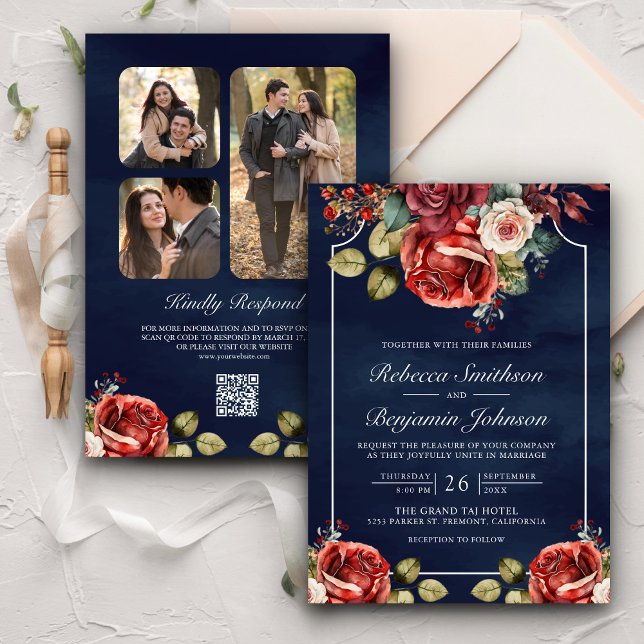 Convite Casamento do Código QR do Marinho Floral Romântico (Criador carregado)
