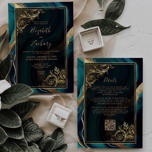 Convite Casamento do Código QR do Quadro Dourado da Agata  (Criador carregado)