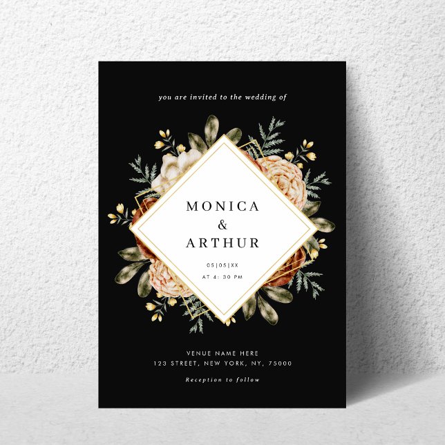 Convite Casamento do Código QR do Quadro Floral e Dourado  (Criador carregado)