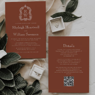 Convite Casamento do Código QR do Terracotta Crest Monogra