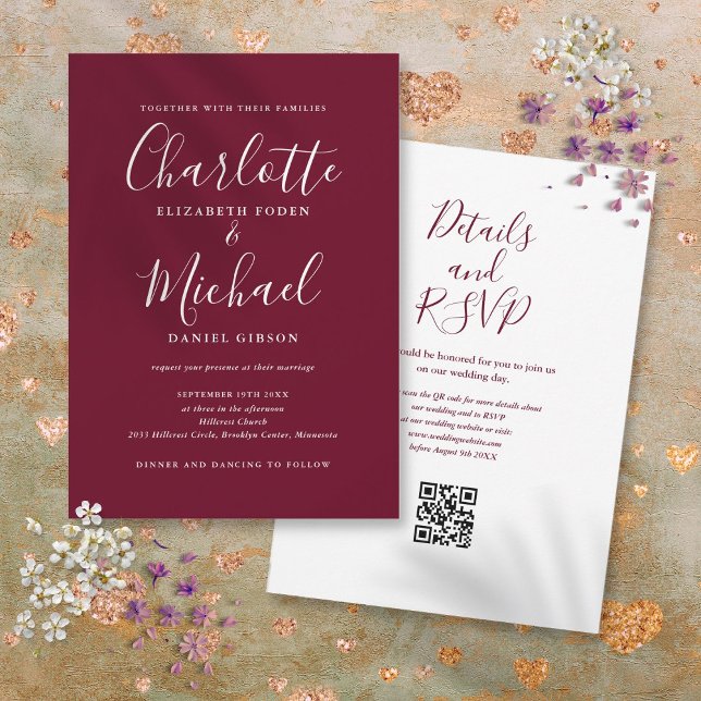 Convite Casamento do Código QR do Vinho da Borgonha Elegan (Elegant Script Burgundy Wine QR Code Wedding Invitation)