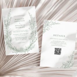 Convite Casamento do Código QR do Wreath Floral Verde da E