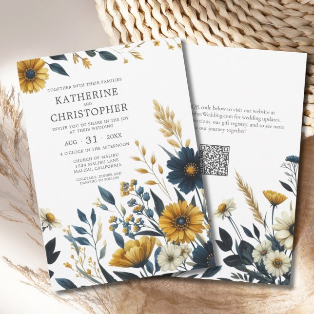 Convite Casamento do Código QR Elegante de Flor Amarelo Az (Blue Yellow Wildflowers Elegant Wedding Invitation with QR Code for Wedding Website.)