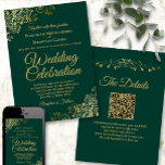 Convite Casamento do Código QR Elegante Verde Emerald dos<br><div class="desc">Este belo convite de casamento é na moda, simples e elegante. Ele apresenta letras douradas em um fundo verde esmeraldo com filtro de folhas florais em cada canto. A design subestimada é compensada pelas ampolas e espirais do trabalho de arte. A parte traseira tem um código QR personalizável e uma...</div>