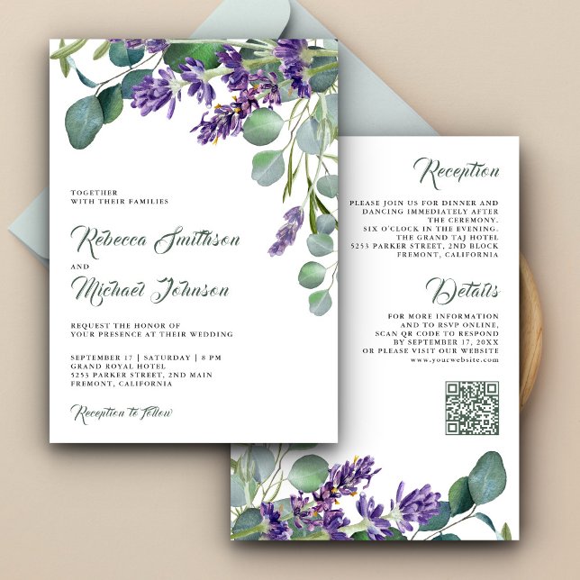 Convite Casamento do Código QR Eucalyptus Lavanda rustica (Criador carregado)