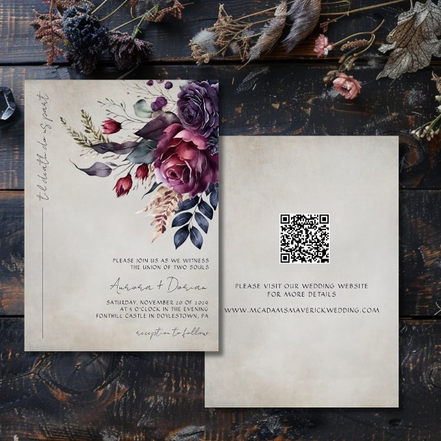 Convite Casamento do Código QR Floral de Cor Gótica Elegan (Criador carregado)