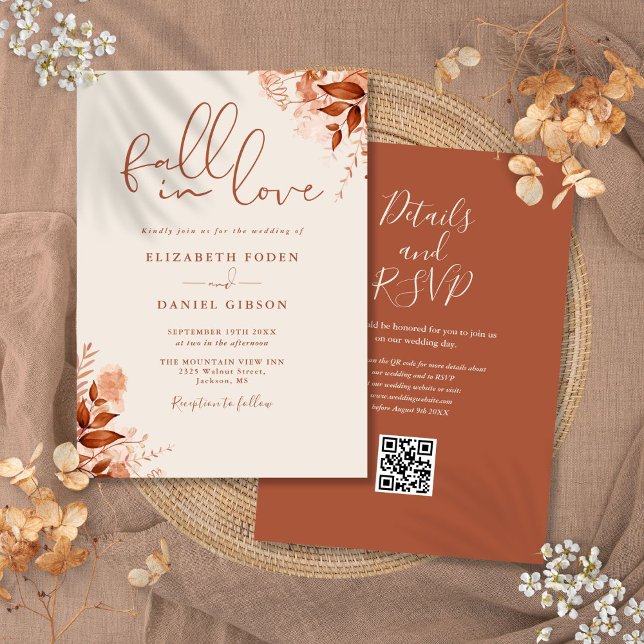 Convite Casamento do Código QR Floral de outono Russo (Rustic Autumn Fall Floral QR Code Wedding Invitation)
