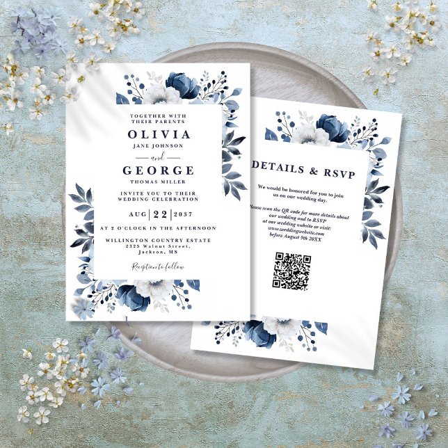 Convite Casamento do Código QR Floral Floral Elegante mari (Navy Blue and White Elegant Floral QR Code Wedding Invitation)