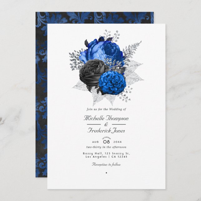 Convite Casamento do Código QR Floral Real Azul, Preto e P (Frente/Verso)