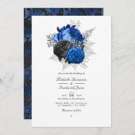 Convite Casamento do Código QR Floral Real Azul, Preto e P