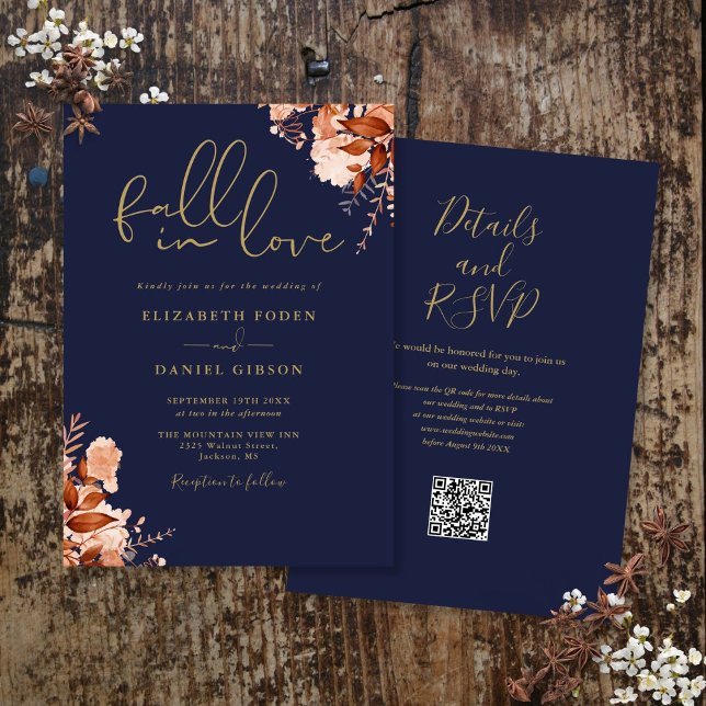 Convite Casamento do Código QR Floral Rústico Rústico e ma (Navy Blue And Gold Rustic Floral QR Code Wedding Invitation)