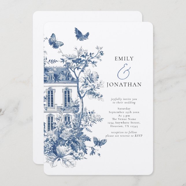 Convite Casamento do Código QR Rustic Blue Toile De Jouy (Frente/Verso)