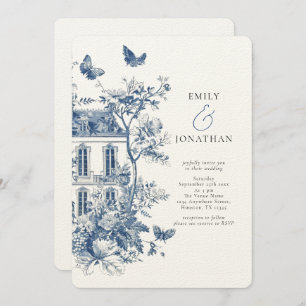 Convite Casamento do Código QR Rustic Blue Toile De Jouy
