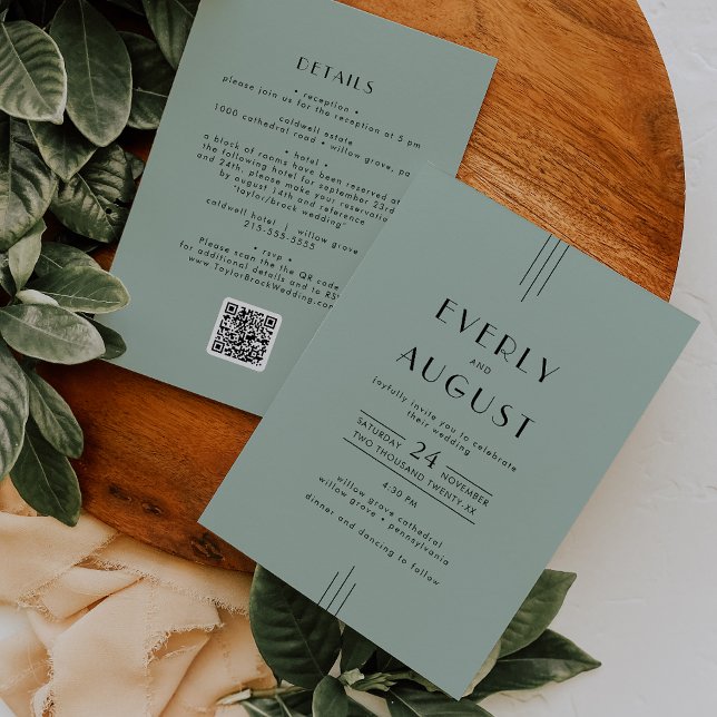 Convite Casamento do Código QR Verde da Deco da Arte Moder (EVERLY Modern Art Deco Sage Green QR Code Wedding Invitation)