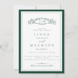Convite Casamento do Elegante Emerald Green Crest Monogram
