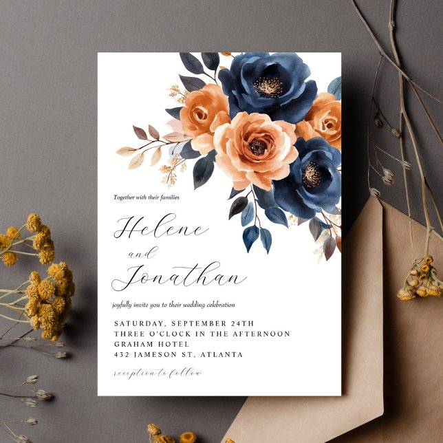 Convite Casamento do Jardim Azul Terracotta, Marinho Flora (Elegant Floral Navy Blue Terracotta Garden Wedding Invitation)