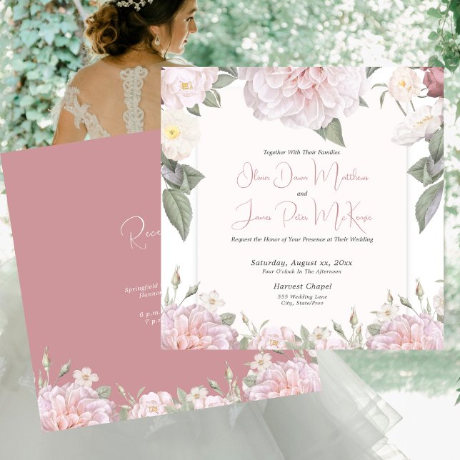 Convite Casamento do Jardim das Rosas Rosa Elegante (Elegant Pink Roses Garden Wedding Invitation with Pink Reverse)