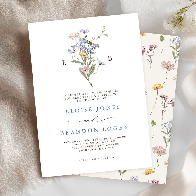 Convite Casamento do Jardim dos Prados de Flores Selvagens (Pretty Spring Wildflower Meadow monogram  Garden Wedding Invitation)