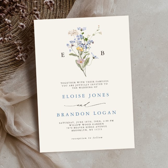 Convite Casamento do Jardim dos Prados de Flores Selvagens (Pretty Spring Wildflower Meadow Garden monogram Wedding Invitation)