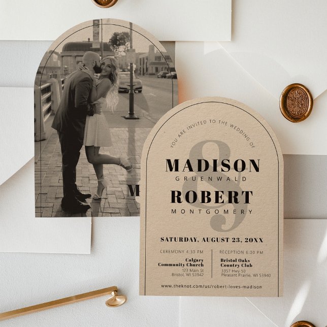 Convite Casamento do Kraft Ampersand Black & White Photo A (Beautiful modern black kraft simple elegant ampersand typography photo arch wedding invitation)