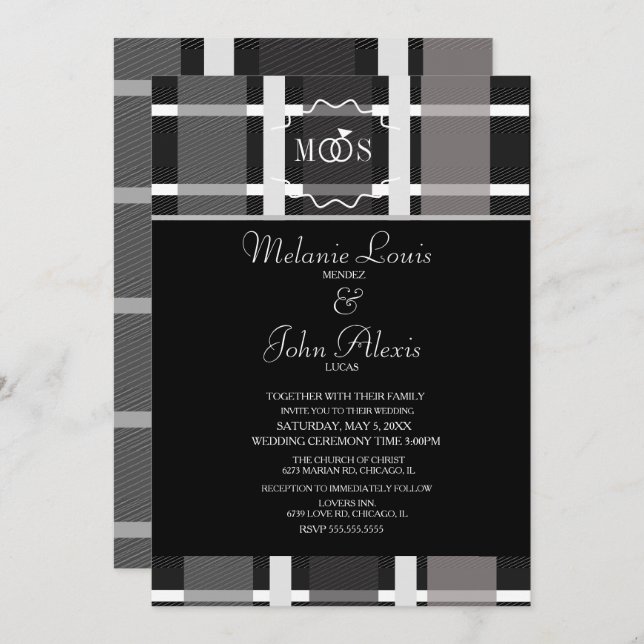 Convite Casamento do logotipo Black White Ring da Cinza Mo (Frente/Verso)
