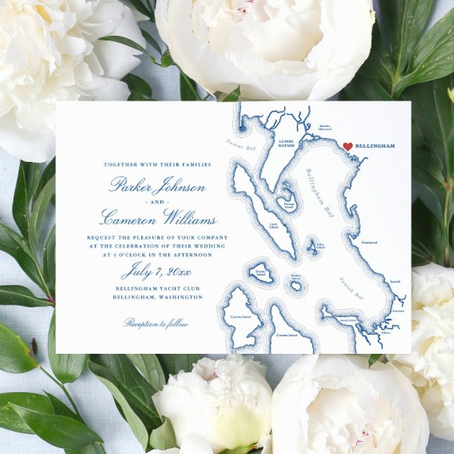 Convite Casamento do Mapa Elegante Bellingham Washington (Elegant Bellingham Washington  Map wedding invitation in navy blue from Coastal Map Designs)