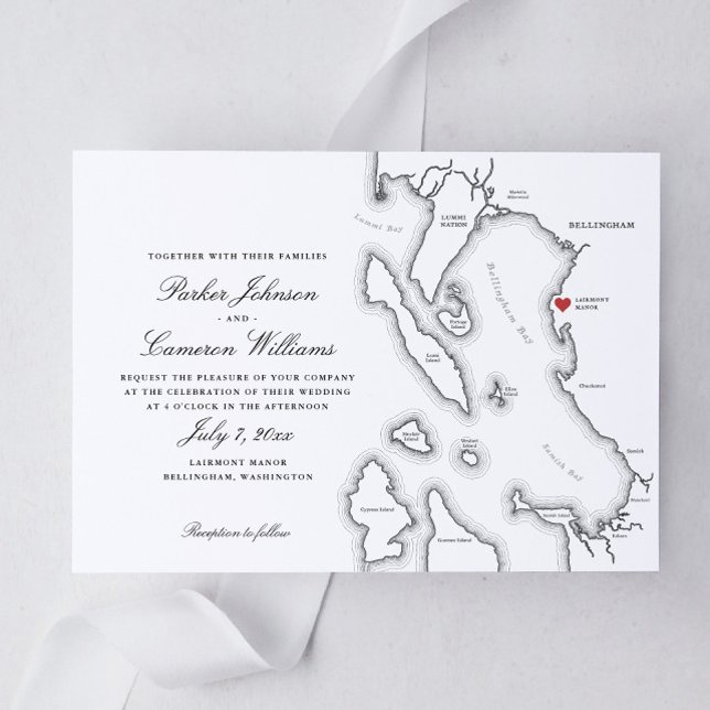 Convite Casamento do Mapa Elegante Lairmont Manor Bellingh (Elegant Bellingham Washington Lairmont Manor Wedding Invitation in black and white)
