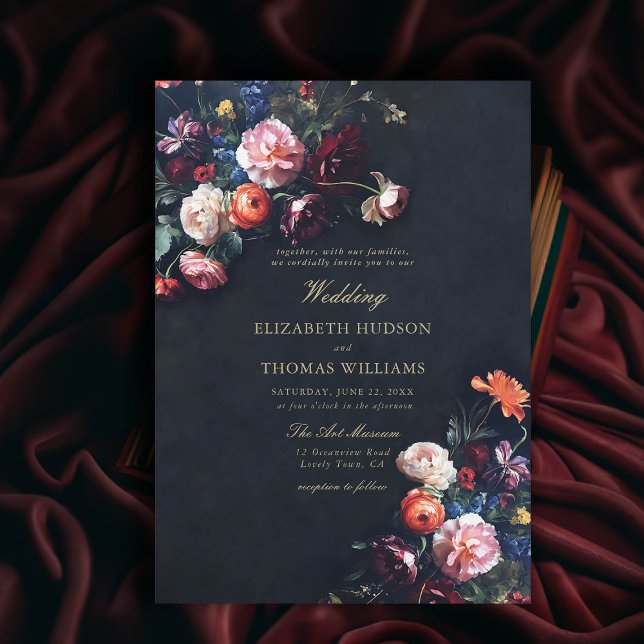 Convite Casamento do Marinho Buquê de Fairytale Dark Roman (dark romance wedding invitation fairytale romantic black navy dutch masters floral modern classic)
