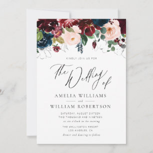 Convite casamento do marinho Burgundy com script elegante