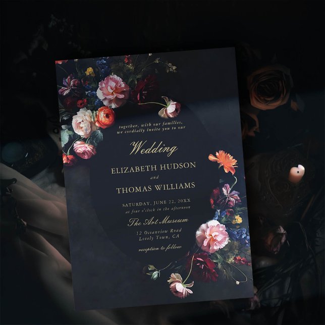 Convite Casamento do Marinho de Fairytale Romântico Escuro (dark romantic wedding invitation fairytale romance black navy dutch masters floral painting elegant)