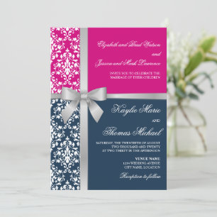 Convite Casamento do Marinho Faux Silver Fbon do Damask Fu
