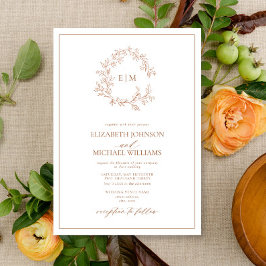Convite Casamento do Modern Terracotta Leafy Crest Monogra