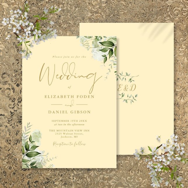 Convite Casamento do Monograma Amarelo Verde Amarelo (Buttercup Yellow Greenery Monogram Wedding Invitation)