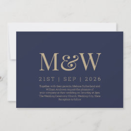 Convite Casamento do Monograma Azul Dourado do Marinho Mod