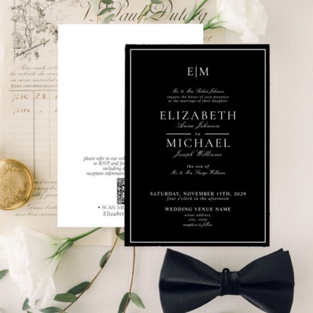 Convite Casamento do Monograma Clássico Branco Preto do Có (Criador carregado)