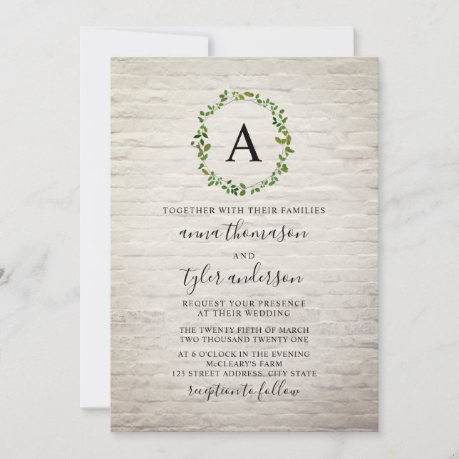 Convite Casamento do Monograma de Brick Wreath Branco (Frente)