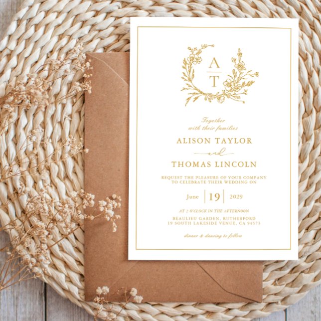 Convite Casamento do Monograma de Crest de Flor Selvagem D (Criador carregado)