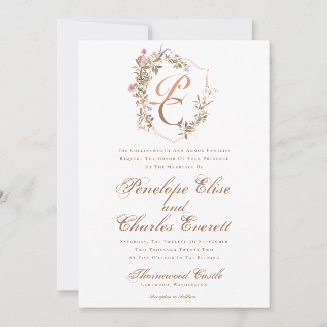 Convite Casamento do Monograma de Crest de Watercolor Eleg (Frente)