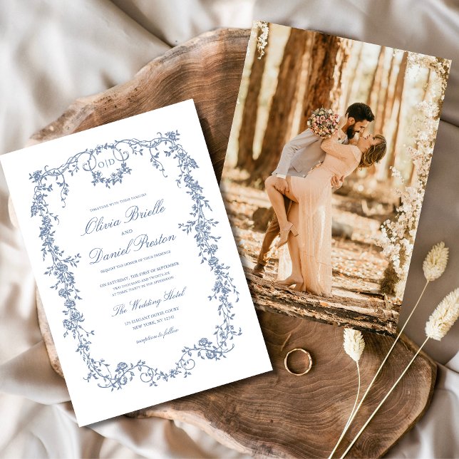 Convite Casamento do Monograma de Foto Azul Vitoriano Fran (Criador carregado)