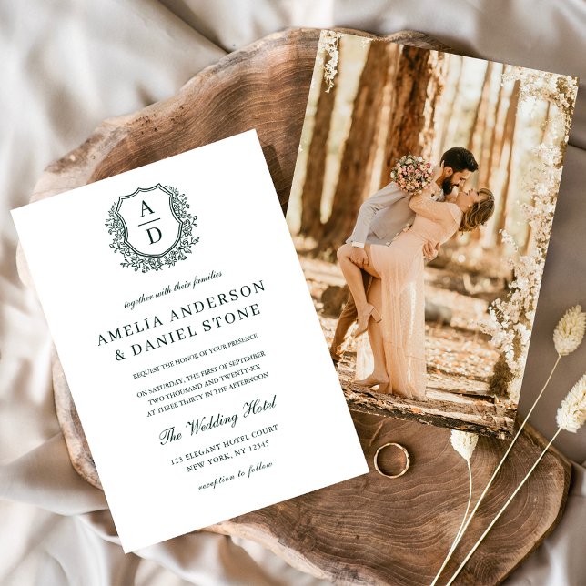 Convite Casamento do Monograma de Peste Floral Verde Escur (Criador carregado)