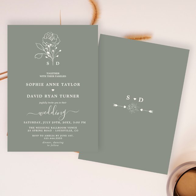 Convite Casamento do Monograma do Boho Verde da Elegante S (elegant modern trendy wedding invitation, boho sage green wedding invite, spring summer fall wedding)